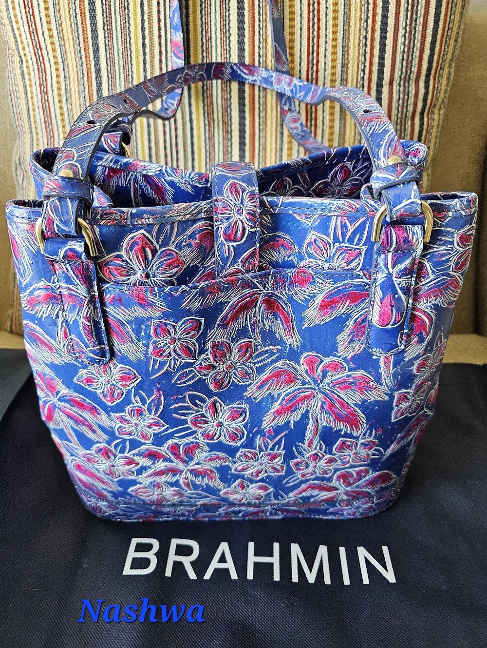 Brahmin Fiora, Blue Floral Leather Tote with Pink & White Accents, NWT - Picture 4 of 4